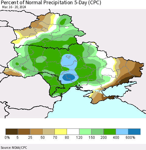 Ukraine, Moldova and Belarus Percent of Normal Precipitation 5-Day (CPC) Thematic Map For 3/16/2024 - 3/20/2024