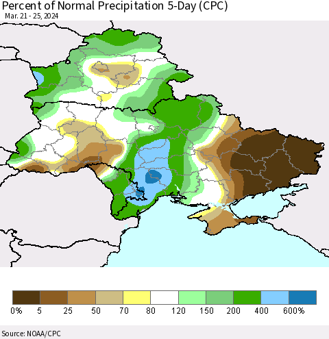 Ukraine, Moldova and Belarus Percent of Normal Precipitation 5-Day (CPC) Thematic Map For 3/21/2024 - 3/25/2024