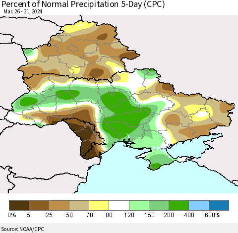 Ukraine, Moldova and Belarus Percent of Normal Precipitation 5-Day (CPC) Thematic Map For 3/26/2024 - 3/31/2024