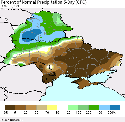 Ukraine, Moldova and Belarus Percent of Normal Precipitation 5-Day (CPC) Thematic Map For 4/1/2024 - 4/5/2024
