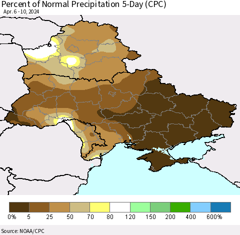 Ukraine, Moldova and Belarus Percent of Normal Precipitation 5-Day (CPC) Thematic Map For 4/6/2024 - 4/10/2024