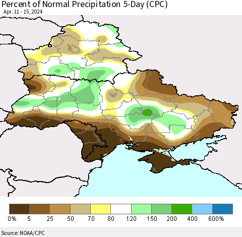 Ukraine, Moldova and Belarus Percent of Normal Precipitation 5-Day (CPC) Thematic Map For 4/11/2024 - 4/15/2024