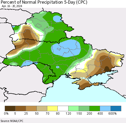 Ukraine, Moldova and Belarus Percent of Normal Precipitation 5-Day (CPC) Thematic Map For 4/16/2024 - 4/20/2024