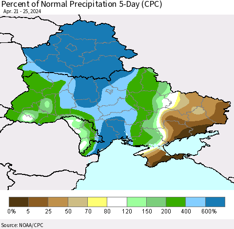 Ukraine, Moldova and Belarus Percent of Normal Precipitation 5-Day (CPC) Thematic Map For 4/21/2024 - 4/25/2024