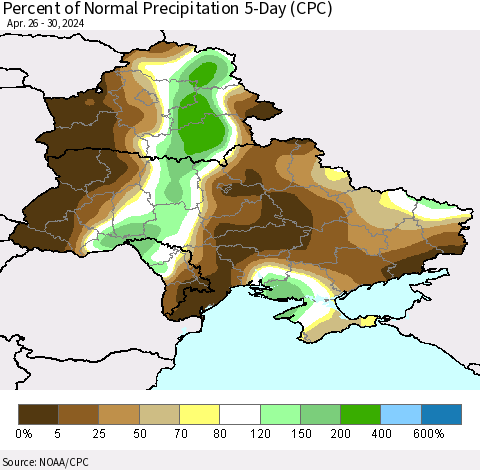 Ukraine, Moldova and Belarus Percent of Normal Precipitation 5-Day (CPC) Thematic Map For 4/26/2024 - 4/30/2024