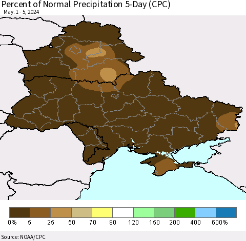 Ukraine, Moldova and Belarus Percent of Normal Precipitation 5-Day (CPC) Thematic Map For 5/1/2024 - 5/5/2024
