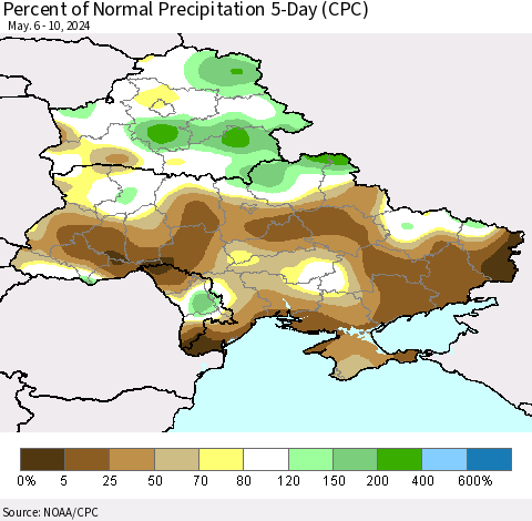 Ukraine, Moldova and Belarus Percent of Normal Precipitation 5-Day (CPC) Thematic Map For 5/6/2024 - 5/10/2024
