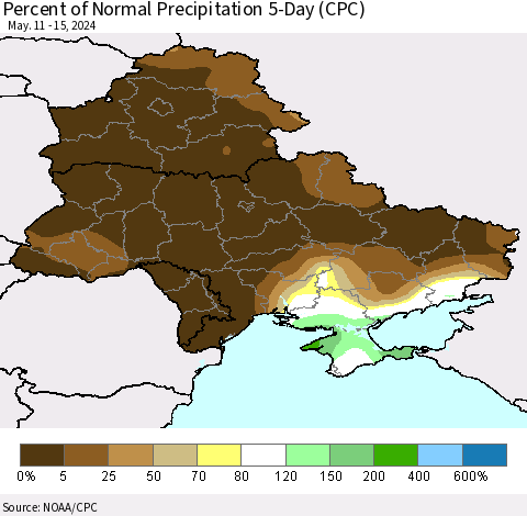 Ukraine, Moldova and Belarus Percent of Normal Precipitation 5-Day (CPC) Thematic Map For 5/11/2024 - 5/15/2024