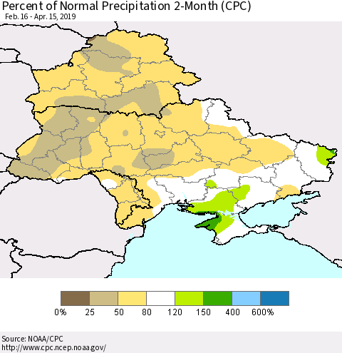Ukraine, Moldova and Belarus Percent of Normal Precipitation 2-Month (CPC) Thematic Map For 2/16/2019 - 4/15/2019