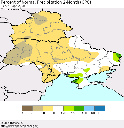 Ukraine, Moldova and Belarus Percent of Normal Precipitation 2-Month (CPC) Thematic Map For 2/26/2019 - 4/25/2019