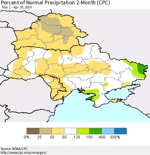 Ukraine, Moldova and Belarus Percent of Normal Precipitation 2-Month (CPC) Thematic Map For 3/1/2019 - 4/30/2019