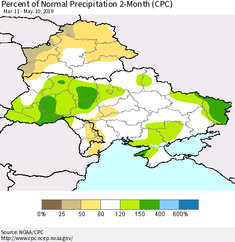 Ukraine, Moldova and Belarus Percent of Normal Precipitation 2-Month (CPC) Thematic Map For 3/11/2019 - 5/10/2019