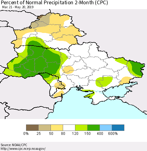 Ukraine, Moldova and Belarus Percent of Normal Precipitation 2-Month (CPC) Thematic Map For 3/21/2019 - 5/20/2019