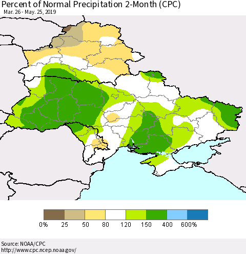 Ukraine, Moldova and Belarus Percent of Normal Precipitation 2-Month (CPC) Thematic Map For 3/26/2019 - 5/25/2019