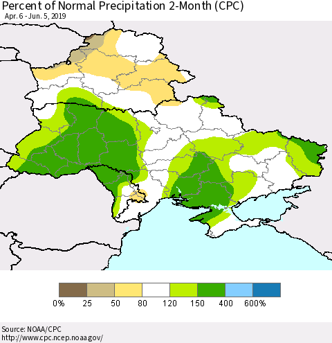 Ukraine, Moldova and Belarus Percent of Normal Precipitation 2-Month (CPC) Thematic Map For 4/6/2019 - 6/5/2019
