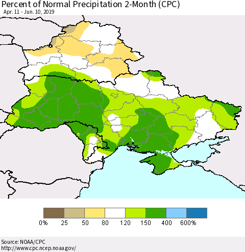 Ukraine, Moldova and Belarus Percent of Normal Precipitation 2-Month (CPC) Thematic Map For 4/11/2019 - 6/10/2019