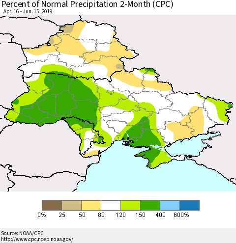 Ukraine, Moldova and Belarus Percent of Normal Precipitation 2-Month (CPC) Thematic Map For 4/16/2019 - 6/15/2019