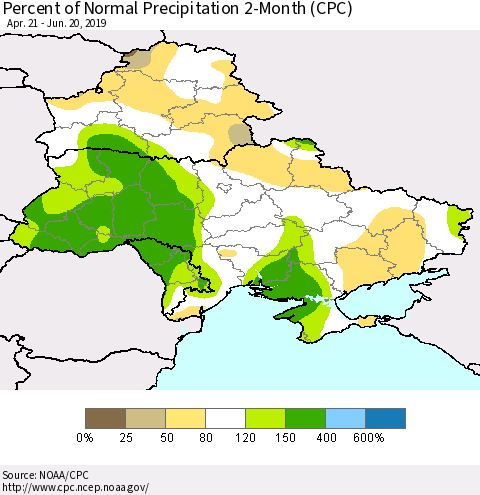 Ukraine, Moldova and Belarus Percent of Normal Precipitation 2-Month (CPC) Thematic Map For 4/21/2019 - 6/20/2019