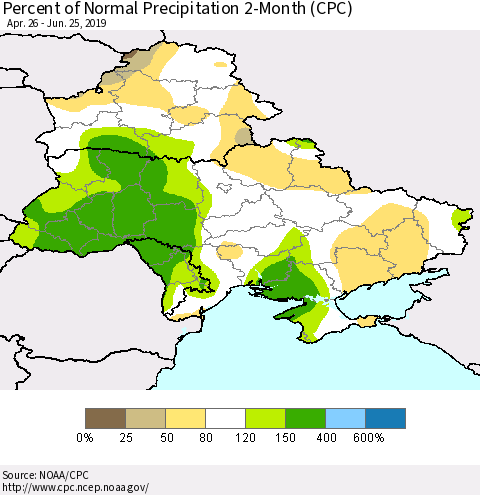 Ukraine, Moldova and Belarus Percent of Normal Precipitation 2-Month (CPC) Thematic Map For 4/26/2019 - 6/25/2019