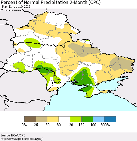 Ukraine, Moldova and Belarus Percent of Normal Precipitation 2-Month (CPC) Thematic Map For 5/11/2019 - 7/10/2019