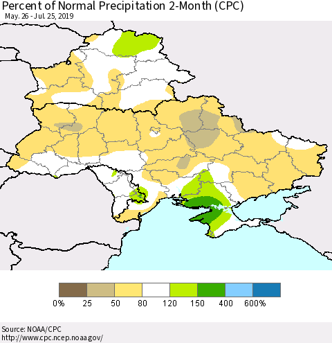 Ukraine, Moldova and Belarus Percent of Normal Precipitation 2-Month (CPC) Thematic Map For 5/26/2019 - 7/25/2019