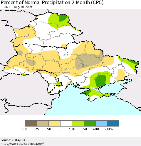 Ukraine, Moldova and Belarus Percent of Normal Precipitation 2-Month (CPC) Thematic Map For 6/11/2019 - 8/10/2019