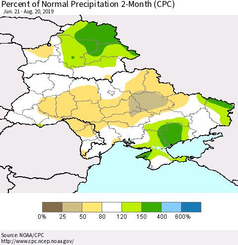 Ukraine, Moldova and Belarus Percent of Normal Precipitation 2-Month (CPC) Thematic Map For 6/21/2019 - 8/20/2019