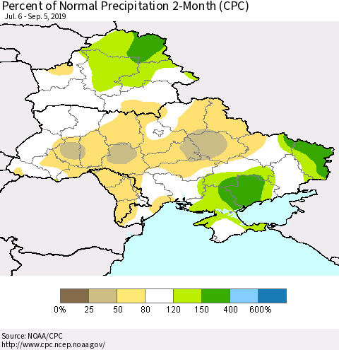Ukraine, Moldova and Belarus Percent of Normal Precipitation 2-Month (CPC) Thematic Map For 7/6/2019 - 9/5/2019