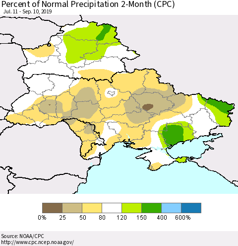 Ukraine, Moldova and Belarus Percent of Normal Precipitation 2-Month (CPC) Thematic Map For 7/11/2019 - 9/10/2019