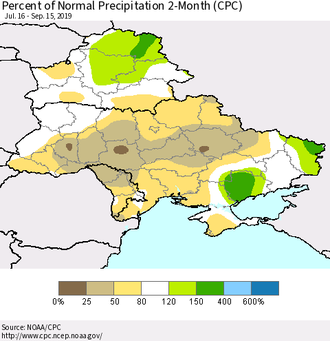 Ukraine, Moldova and Belarus Percent of Normal Precipitation 2-Month (CPC) Thematic Map For 7/16/2019 - 9/15/2019
