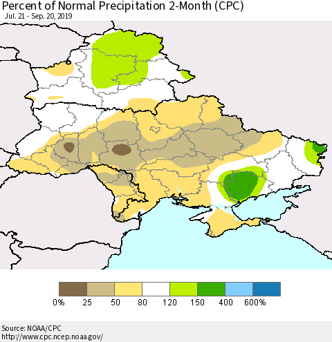 Ukraine, Moldova and Belarus Percent of Normal Precipitation 2-Month (CPC) Thematic Map For 7/21/2019 - 9/20/2019