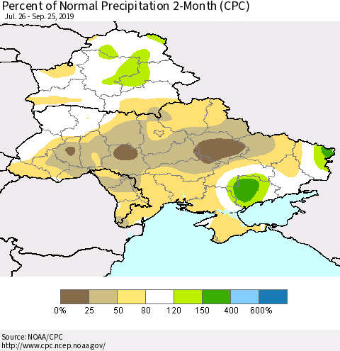 Ukraine, Moldova and Belarus Percent of Normal Precipitation 2-Month (CPC) Thematic Map For 7/26/2019 - 9/25/2019