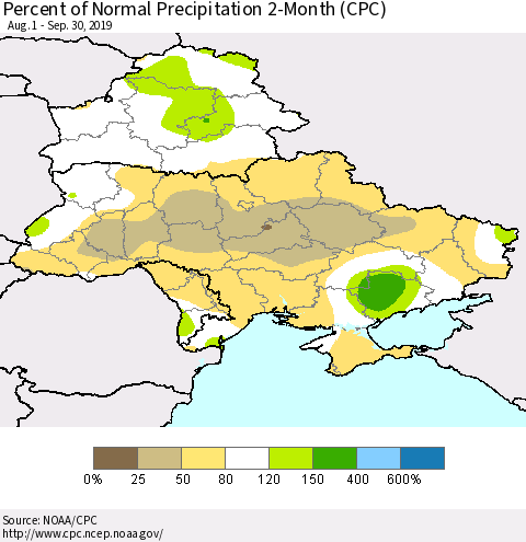 Ukraine, Moldova and Belarus Percent of Normal Precipitation 2-Month (CPC) Thematic Map For 8/1/2019 - 9/30/2019