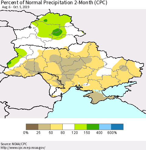 Ukraine, Moldova and Belarus Percent of Normal Precipitation 2-Month (CPC) Thematic Map For 8/6/2019 - 10/5/2019