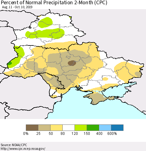 Ukraine, Moldova and Belarus Percent of Normal Precipitation 2-Month (CPC) Thematic Map For 8/11/2019 - 10/10/2019