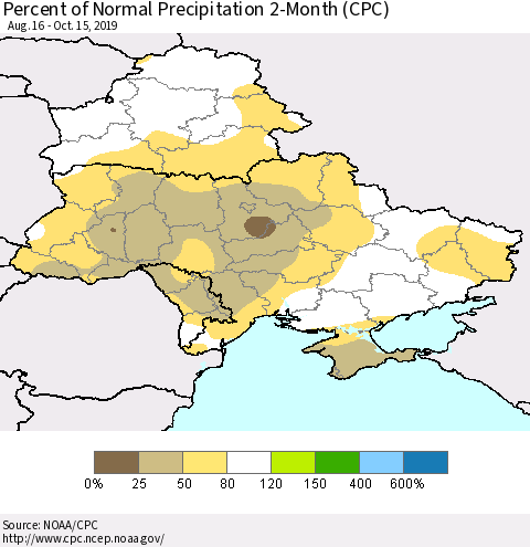 Ukraine, Moldova and Belarus Percent of Normal Precipitation 2-Month (CPC) Thematic Map For 8/16/2019 - 10/15/2019