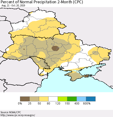 Ukraine, Moldova and Belarus Percent of Normal Precipitation 2-Month (CPC) Thematic Map For 8/21/2019 - 10/20/2019