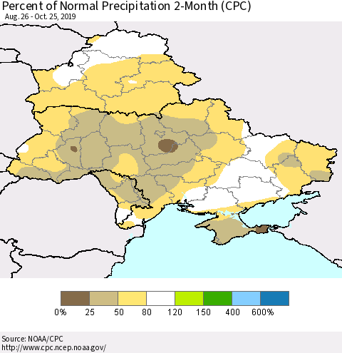 Ukraine, Moldova and Belarus Percent of Normal Precipitation 2-Month (CPC) Thematic Map For 8/26/2019 - 10/25/2019