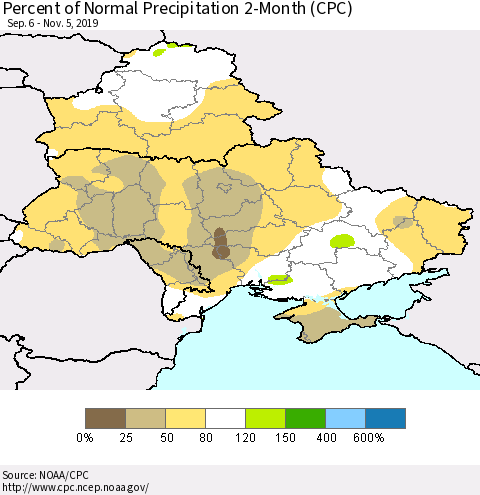 Ukraine, Moldova and Belarus Percent of Normal Precipitation 2-Month (CPC) Thematic Map For 9/6/2019 - 11/5/2019