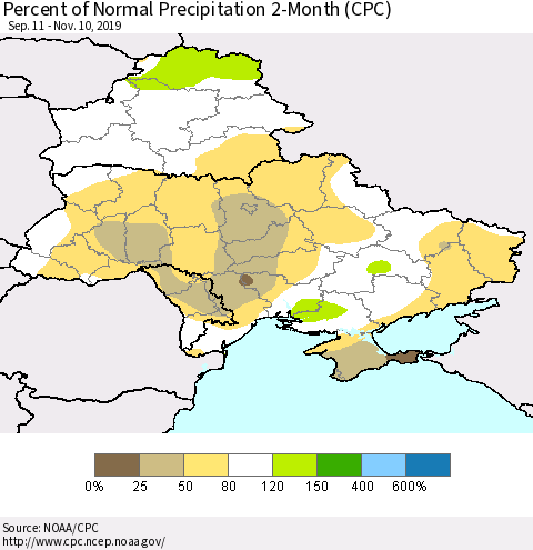 Ukraine, Moldova and Belarus Percent of Normal Precipitation 2-Month (CPC) Thematic Map For 9/11/2019 - 11/10/2019