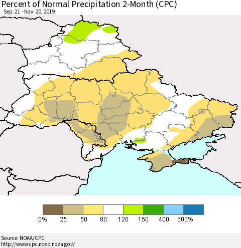 Ukraine, Moldova and Belarus Percent of Normal Precipitation 2-Month (CPC) Thematic Map For 9/21/2019 - 11/20/2019