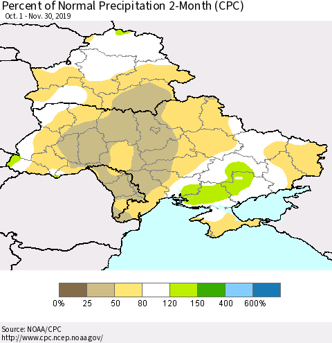 Ukraine, Moldova and Belarus Percent of Normal Precipitation 2-Month (CPC) Thematic Map For 10/1/2019 - 11/30/2019