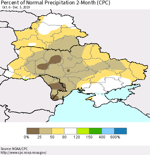 Ukraine, Moldova and Belarus Percent of Normal Precipitation 2-Month (CPC) Thematic Map For 10/6/2019 - 12/5/2019