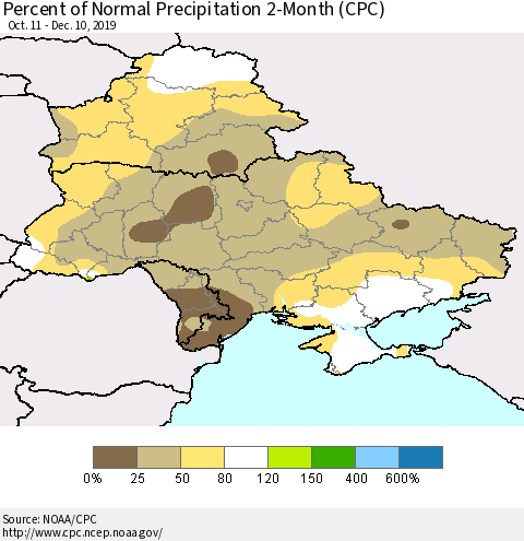 Ukraine, Moldova and Belarus Percent of Normal Precipitation 2-Month (CPC) Thematic Map For 10/11/2019 - 12/10/2019