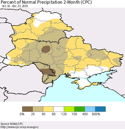 Ukraine, Moldova and Belarus Percent of Normal Precipitation 2-Month (CPC) Thematic Map For 10/16/2019 - 12/15/2019