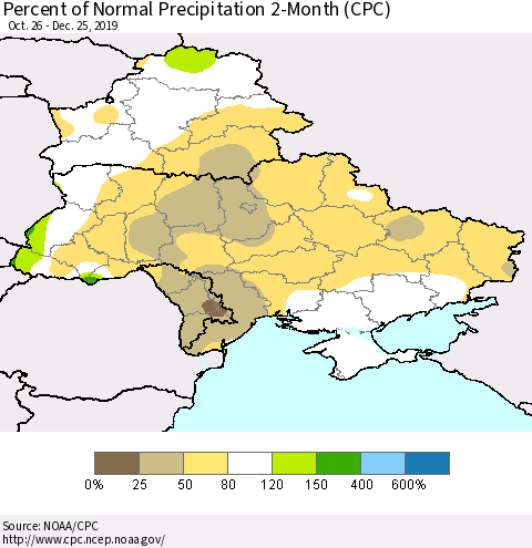 Ukraine, Moldova and Belarus Percent of Normal Precipitation 2-Month (CPC) Thematic Map For 10/26/2019 - 12/25/2019