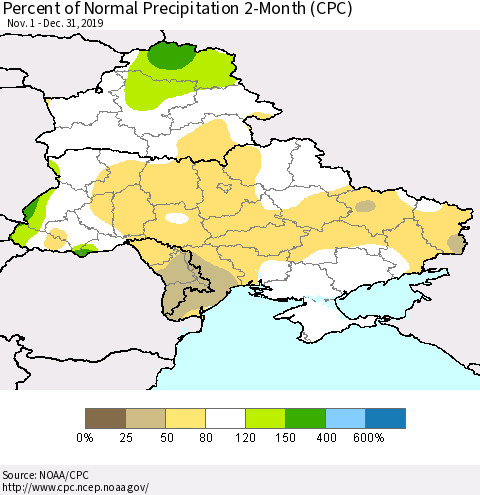 Ukraine, Moldova and Belarus Percent of Normal Precipitation 2-Month (CPC) Thematic Map For 11/1/2019 - 12/31/2019