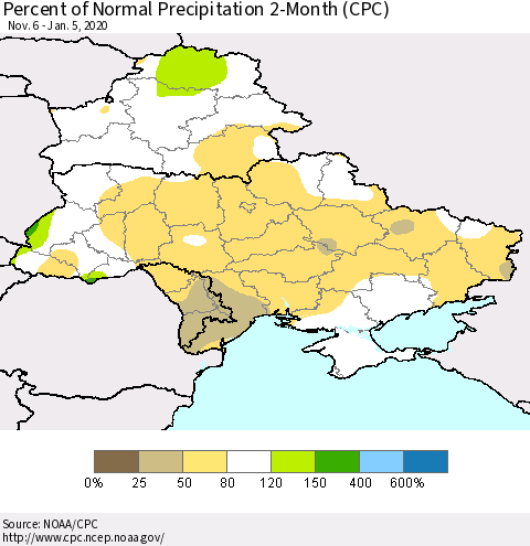 Ukraine, Moldova and Belarus Percent of Normal Precipitation 2-Month (CPC) Thematic Map For 11/6/2019 - 1/5/2020