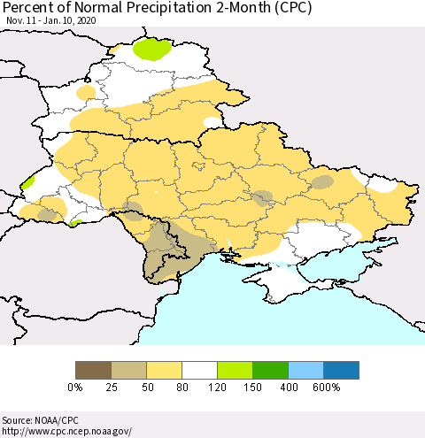 Ukraine, Moldova and Belarus Percent of Normal Precipitation 2-Month (CPC) Thematic Map For 11/11/2019 - 1/10/2020