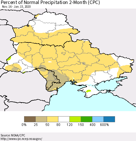 Ukraine, Moldova and Belarus Percent of Normal Precipitation 2-Month (CPC) Thematic Map For 11/16/2019 - 1/15/2020